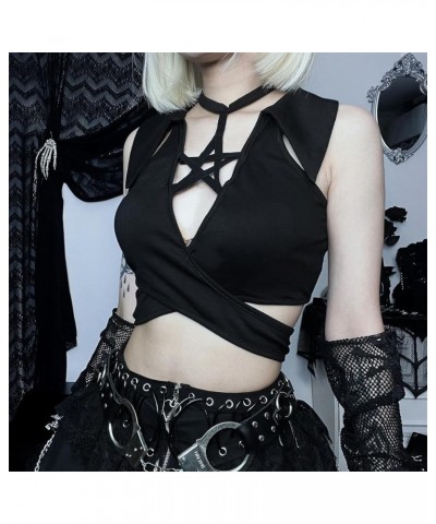 Gothic Cropped T-Shirts for Women Short Sleeve Lace Punk Crop Tops Black Sexy Cami Top Black Tops Heart $12.00 Tanks