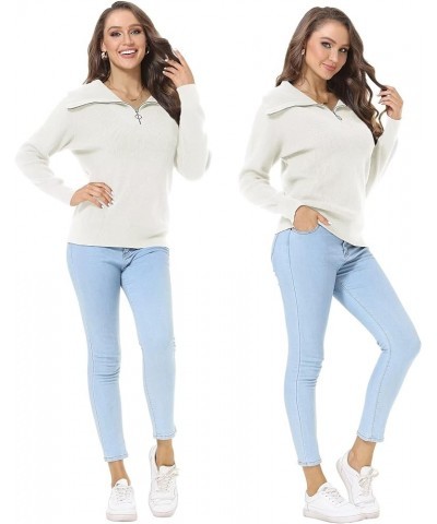 Womens Half Zip Sweaters V-Neck Collar Ribbed Knitted Slouchy Pullover Tops White $14.49 Sweaters