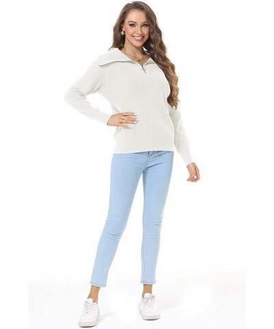 Womens Half Zip Sweaters V-Neck Collar Ribbed Knitted Slouchy Pullover Tops White $14.49 Sweaters