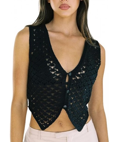 Women Crochet Vest Top Y2k Knit V Neck Sleeveless Button Down Streetwear A3 Black $10.00 Sweaters