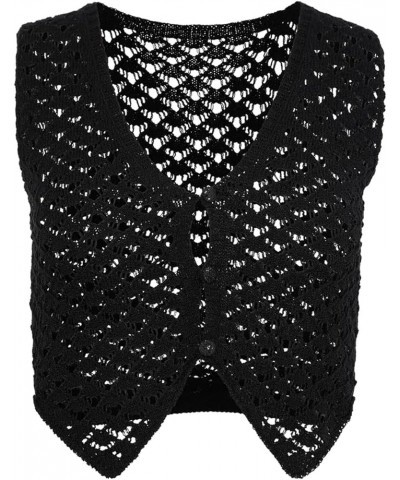 Women Crochet Vest Top Y2k Knit V Neck Sleeveless Button Down Streetwear A3 Black $10.00 Sweaters