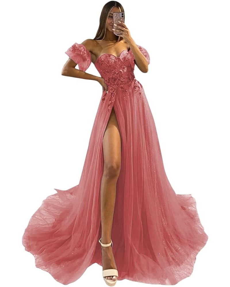 Glitter Tulle Prom Dresses with Sleeves 2023 Off Shoulder Sweetheart 3D Flowers Evening Party Gowns with Slit Coral $45.89 Dr...