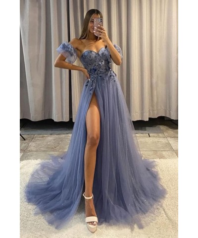 Glitter Tulle Prom Dresses with Sleeves 2023 Off Shoulder Sweetheart 3D Flowers Evening Party Gowns with Slit Coral $45.89 Dr...