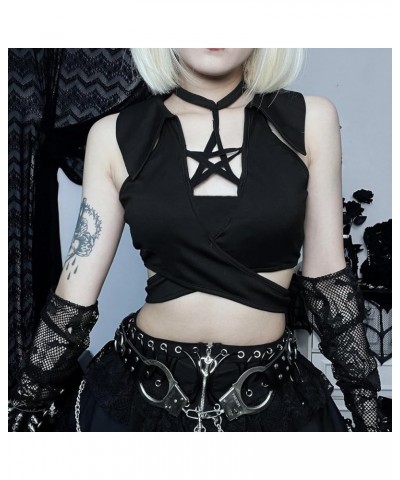 Gothic Cropped T-Shirts for Women Short Sleeve Lace Punk Crop Tops Black Sexy Cami Top Black Tops Heart $12.00 Tanks