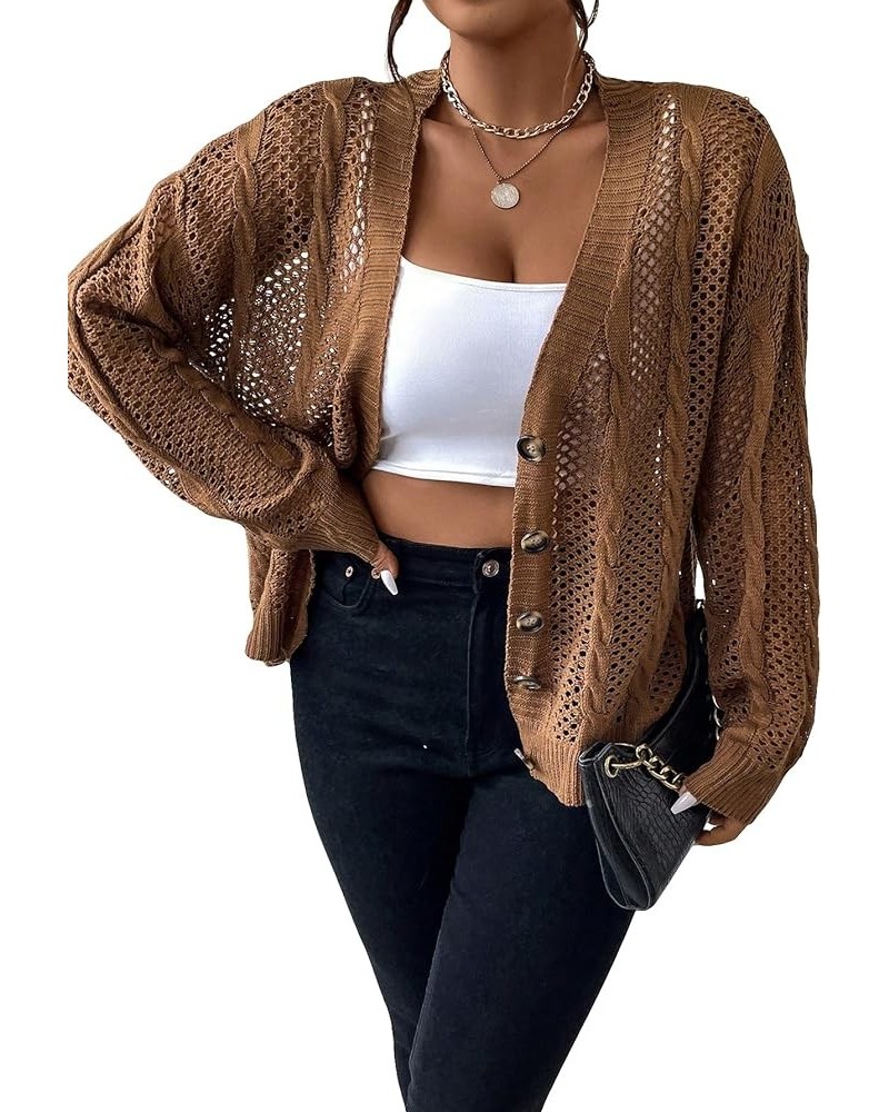 Women's Plus Size Pointelle Knit Drop Shoulder Cardigan Button Front V Neck Long Sleeve Sweater Brown $13.92 Sweaters