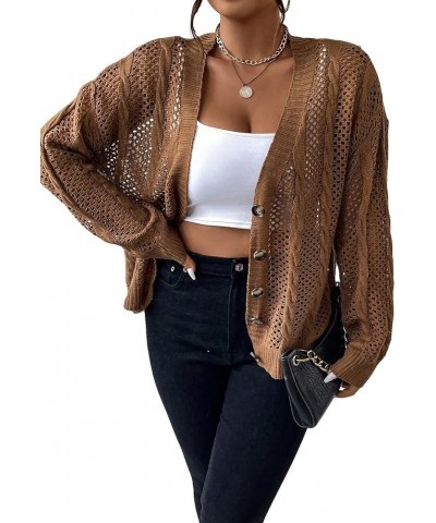 Women's Plus Size Pointelle Knit Drop Shoulder Cardigan Button Front V Neck Long Sleeve Sweater Brown $13.92 Sweaters