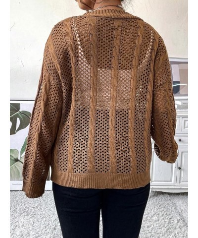 Women's Plus Size Pointelle Knit Drop Shoulder Cardigan Button Front V Neck Long Sleeve Sweater Brown $13.92 Sweaters