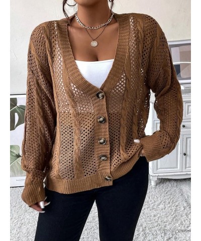 Women's Plus Size Pointelle Knit Drop Shoulder Cardigan Button Front V Neck Long Sleeve Sweater Brown $13.92 Sweaters