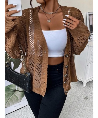 Women's Plus Size Pointelle Knit Drop Shoulder Cardigan Button Front V Neck Long Sleeve Sweater Brown $13.92 Sweaters