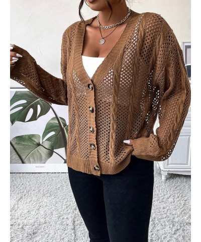 Women's Plus Size Pointelle Knit Drop Shoulder Cardigan Button Front V Neck Long Sleeve Sweater Brown $13.92 Sweaters