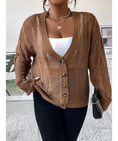 Women's Plus Size Pointelle Knit Drop Shoulder Cardigan Button Front V Neck Long Sleeve Sweater Brown $13.92 Sweaters