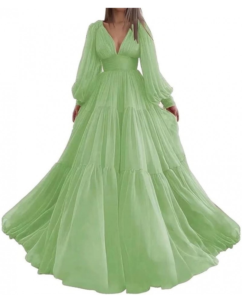 Long Sleeve Tulle Prom Dresses V Neck Puffy Formal Evening Party Gown for Women Princess Wedding Dress Sage Green $41.24 Dresses