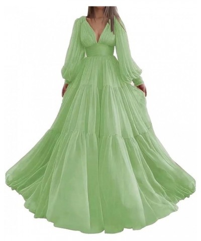 Long Sleeve Tulle Prom Dresses V Neck Puffy Formal Evening Party Gown for Women Princess Wedding Dress Sage Green $41.24 Dresses