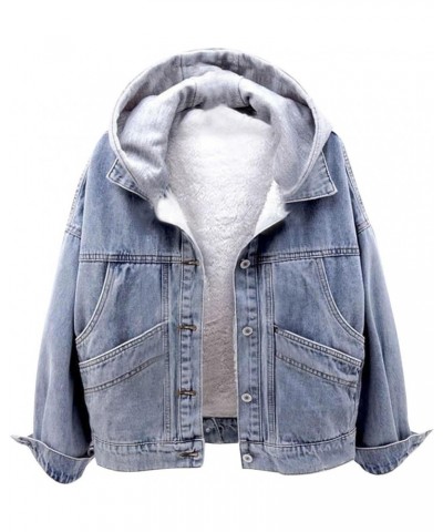 Womens Fleece Lined Denim Jacket With Hood Winter Jean Jacket Coats Oversized Hoodie Long Sleeve Trucker Jacket Coat 008-blue...