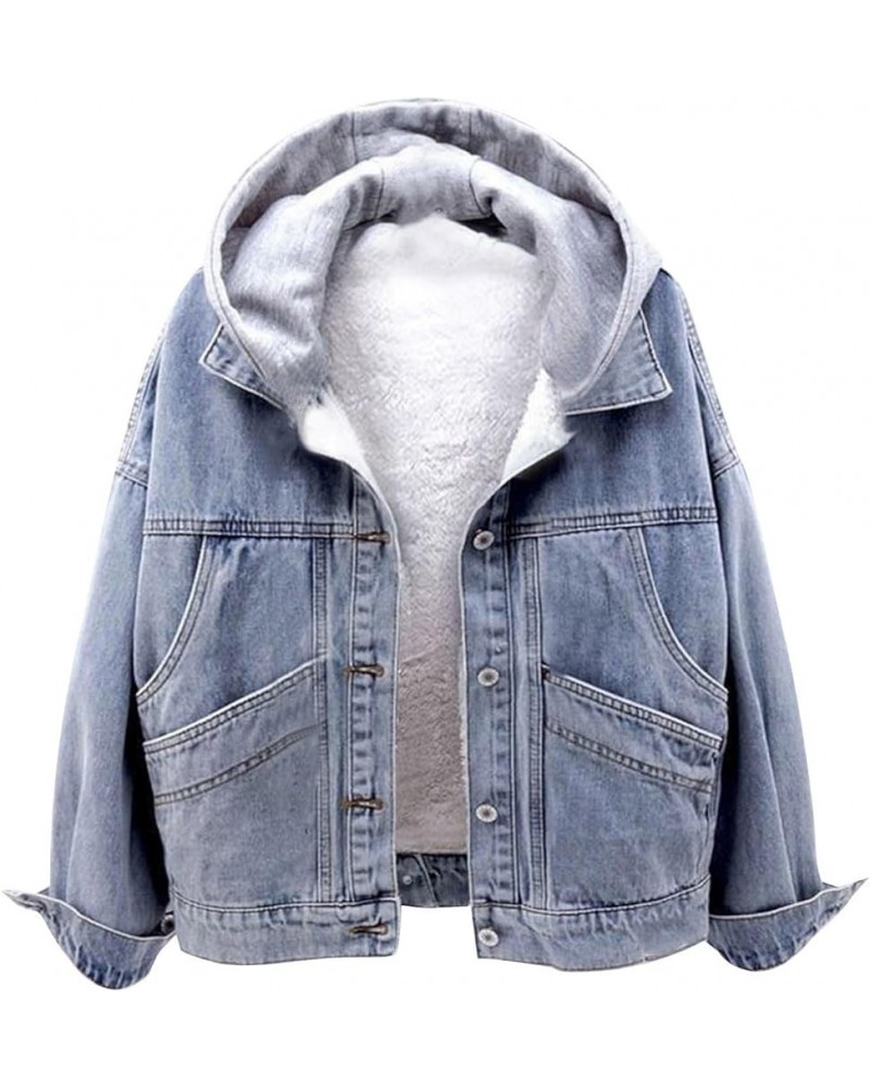 Womens Fleece Lined Denim Jacket With Hood Winter Jean Jacket Coats Oversized Hoodie Long Sleeve Trucker Jacket Coat 008-blue...