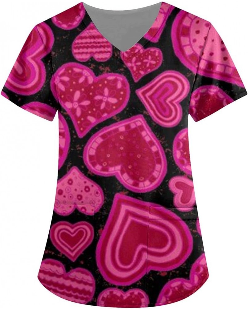 Valentines Day Scrubs Shirts Women Cute Short Sleeve Heart Love Print V Neck Trendy Dressy Tshirts Tops D-hot Pink $5.21 Tops