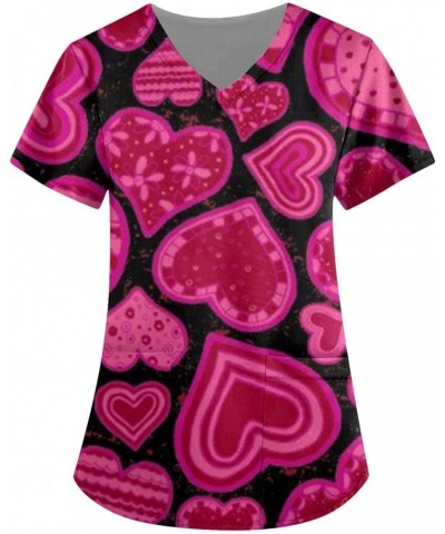 Valentines Day Scrubs Shirts Women Cute Short Sleeve Heart Love Print V Neck Trendy Dressy Tshirts Tops D-hot Pink $5.21 Tops