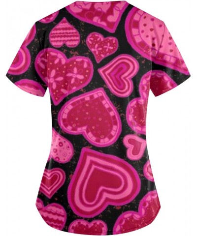 Valentines Day Scrubs Shirts Women Cute Short Sleeve Heart Love Print V Neck Trendy Dressy Tshirts Tops D-hot Pink $5.21 Tops