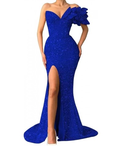 Women's Sequin Mermaid Prom Dress Flower One Shoulder V Neck Long Formal Evening Gown with Slit Royal Blue $38.88 Dresses