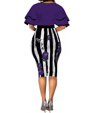 Pencil Dress for Women Bodycon Elegant Patchwork African Print Peplum Church Dresses 2023 Party Stripe Purple $15.50 Dresses