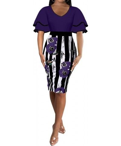 Pencil Dress for Women Bodycon Elegant Patchwork African Print Peplum Church Dresses 2023 Party Stripe Purple $15.50 Dresses