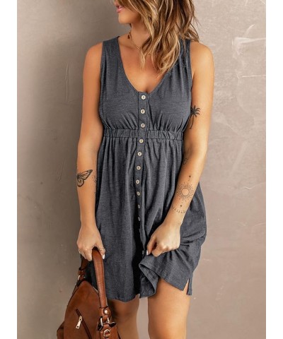 Women Sleeveless Summer Dress 2024 Crewneck Ribbed Knit Ruffle Swing Button Down Beach Sun Mini Tank Short Dresses Buttons Gr...