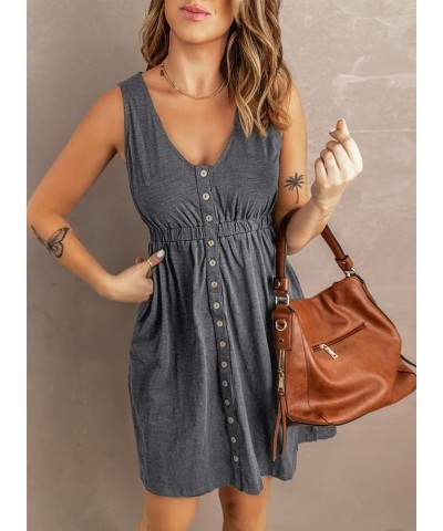 Women Sleeveless Summer Dress 2024 Crewneck Ribbed Knit Ruffle Swing Button Down Beach Sun Mini Tank Short Dresses Buttons Gr...