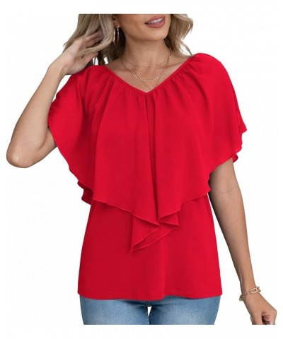 Woman's Summer Cold Shoulder Chiffon Tank Tops Sleeveless Ruffled Flowy Blouse for Women D Red $12.00 Tanks