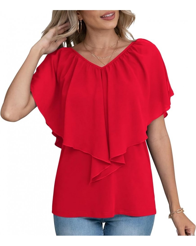 Woman's Summer Cold Shoulder Chiffon Tank Tops Sleeveless Ruffled Flowy Blouse for Women D Red $12.00 Tanks