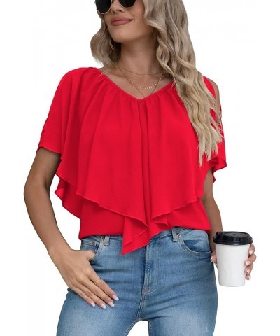 Woman's Summer Cold Shoulder Chiffon Tank Tops Sleeveless Ruffled Flowy Blouse for Women D Red $12.00 Tanks