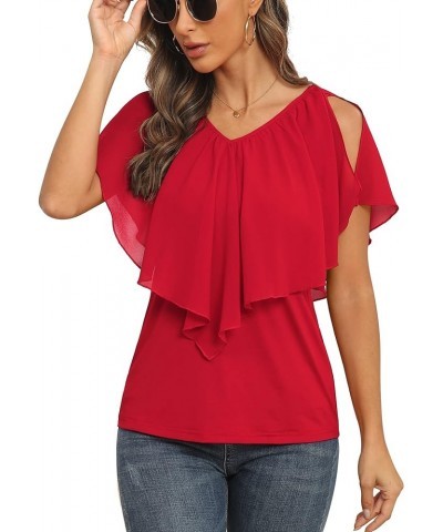 Woman's Summer Cold Shoulder Chiffon Tank Tops Sleeveless Ruffled Flowy Blouse for Women D Red $12.00 Tanks