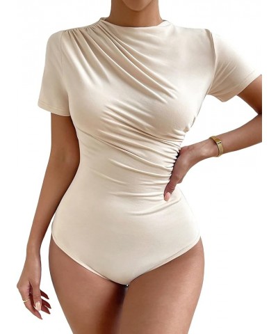 Women's Casual Ruched Mock Neck T Shirt Short Sleeve Tee Bodysuit Jumpsuit Beige $16.81 Bodysuits