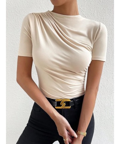 Women's Casual Ruched Mock Neck T Shirt Short Sleeve Tee Bodysuit Jumpsuit Beige $16.81 Bodysuits