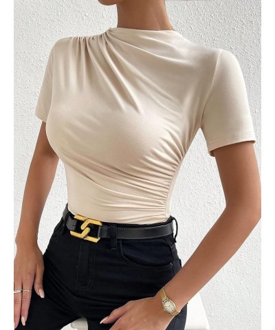 Women's Casual Ruched Mock Neck T Shirt Short Sleeve Tee Bodysuit Jumpsuit Beige $16.81 Bodysuits