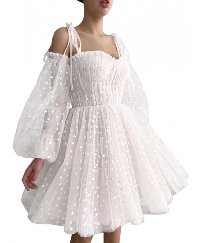 Women's Tulle Homecoming Dresses Puffy Sleeve Sweetheart Short Prom Dresses Party Gowns White $23.65 Dresses