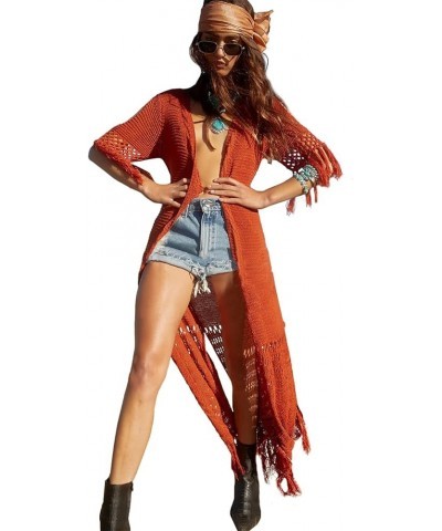 Boho Long Fringe Crochet Knit Kimono Swimwear Beach Cover Up Cardigan Z-orange $18.50 Swimsuits