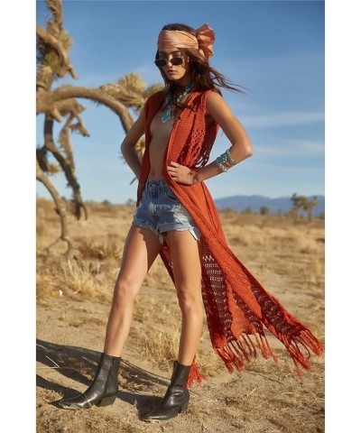 Boho Long Fringe Crochet Knit Kimono Swimwear Beach Cover Up Cardigan Z-orange $18.50 Swimsuits