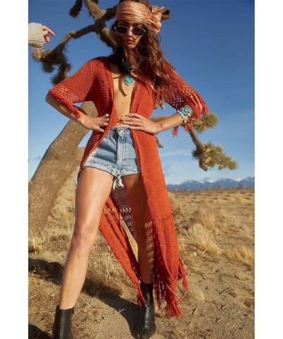 Boho Long Fringe Crochet Knit Kimono Swimwear Beach Cover Up Cardigan Z-orange $18.50 Swimsuits