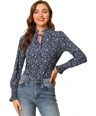 Women's Vintage Floral Top Ruffled Collar Tie Neck Long Sleeve Peasant Blouse Navy Blue $13.20 Blouses
