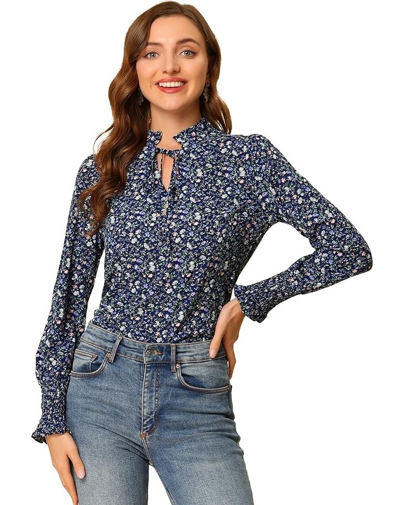 Women's Vintage Floral Top Ruffled Collar Tie Neck Long Sleeve Peasant Blouse Navy Blue $13.20 Blouses