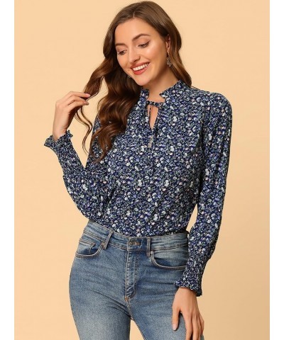 Women's Vintage Floral Top Ruffled Collar Tie Neck Long Sleeve Peasant Blouse Navy Blue $13.20 Blouses