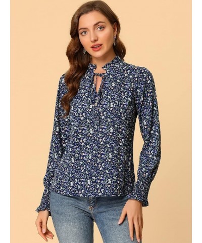 Women's Vintage Floral Top Ruffled Collar Tie Neck Long Sleeve Peasant Blouse Navy Blue $13.20 Blouses