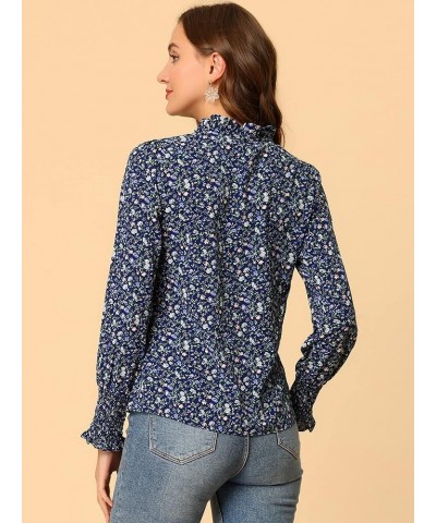 Women's Vintage Floral Top Ruffled Collar Tie Neck Long Sleeve Peasant Blouse Navy Blue $13.20 Blouses