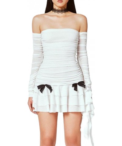 Women Bow Off Shoulder Long Sleeve Short Dress Y2k Strapless Open Back Mini Dress 00s Sweet Fairy Dress Partywear P-white Six...