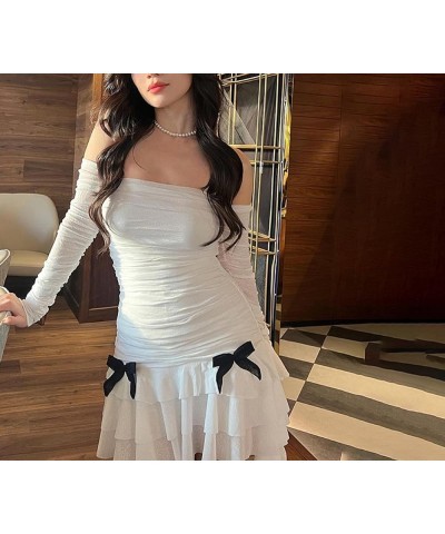 Women Bow Off Shoulder Long Sleeve Short Dress Y2k Strapless Open Back Mini Dress 00s Sweet Fairy Dress Partywear P-white Six...