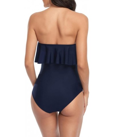 Flounce Strapless Swimsuits for Women Bandeau Ruched Ruffle Bathing Suits One Piece Tummy Control Slimming Swimwear Navy Blue...