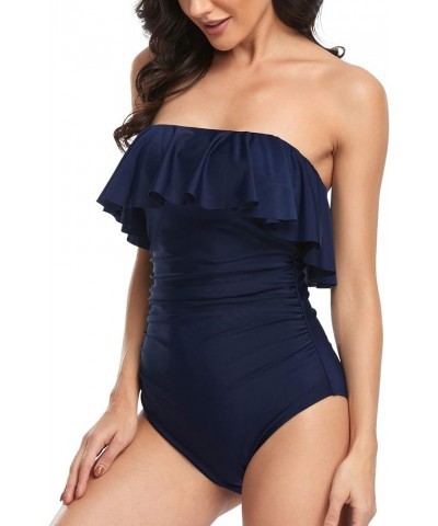 Flounce Strapless Swimsuits for Women Bandeau Ruched Ruffle Bathing Suits One Piece Tummy Control Slimming Swimwear Navy Blue...