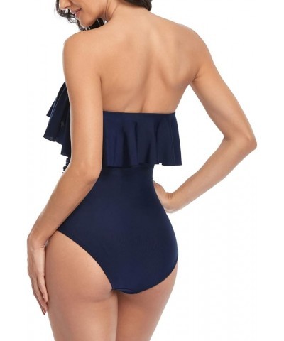 Flounce Strapless Swimsuits for Women Bandeau Ruched Ruffle Bathing Suits One Piece Tummy Control Slimming Swimwear Navy Blue...