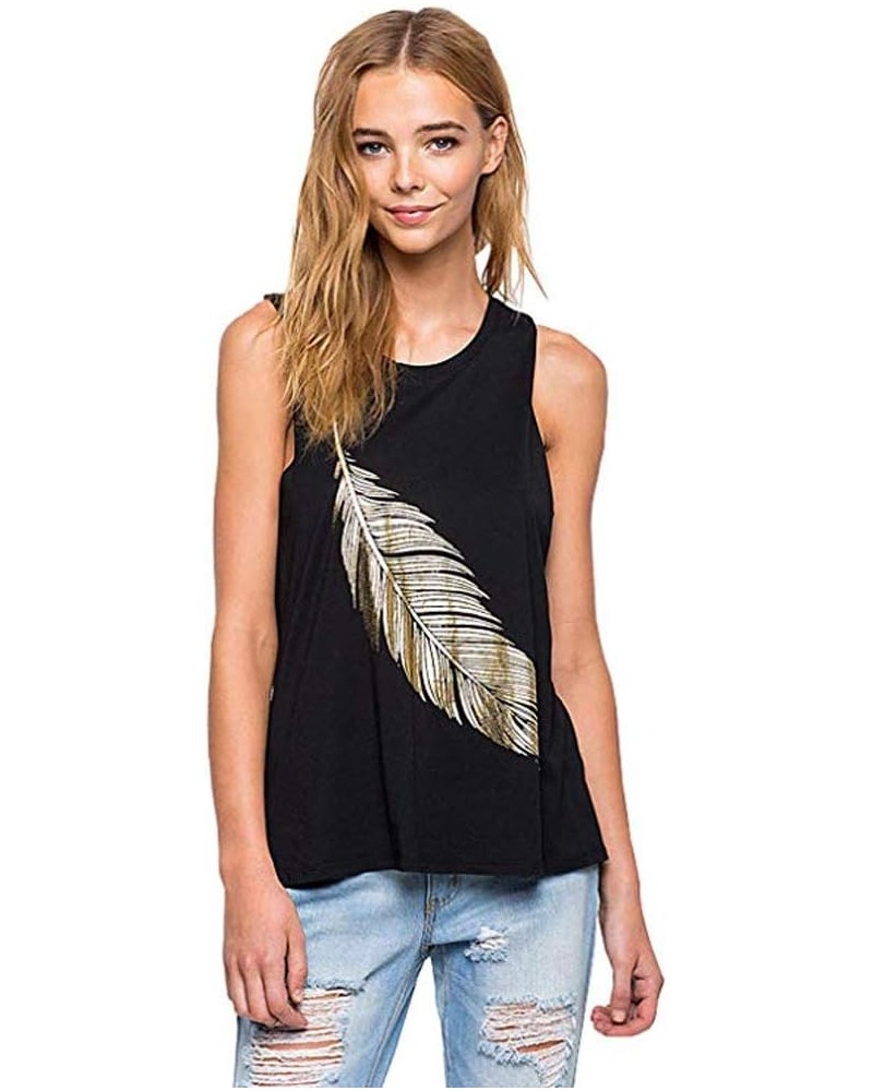 Women's Black Sleeveless Bronzing Feather Print Camisole Shirt Tank Top Tees I-Shaped Vest Black $10.06 Tanks