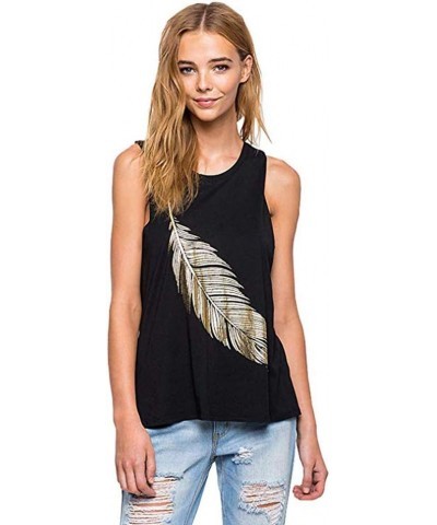 Women's Black Sleeveless Bronzing Feather Print Camisole Shirt Tank Top Tees I-Shaped Vest Black $10.06 Tanks